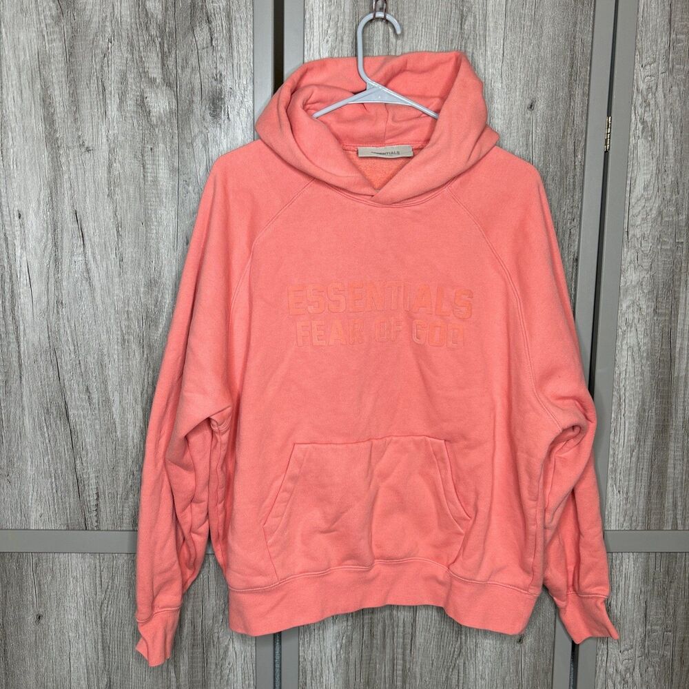 Fear of God Essentials Hoodie Coral Heavyweight Pockets Pullover Size M